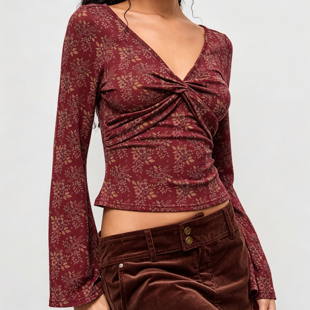 Floral Knit V‑Neck Twist‑Front Long Sleeve Slim Fit Top