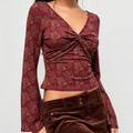 Floral Knit V‑Neck Twist‑Front Long Sleeve Slim Fit Top