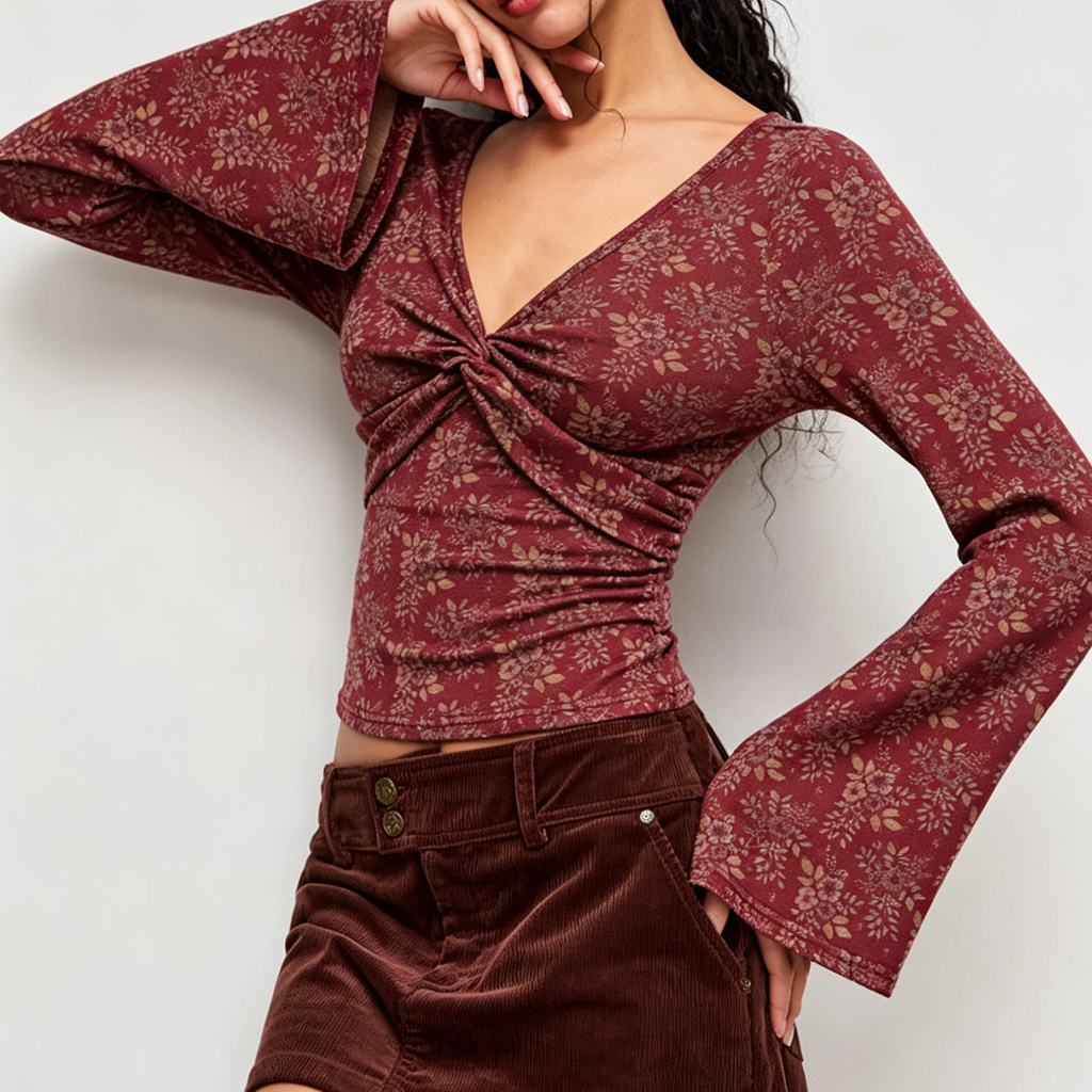 Floral Knit V‑Neck Twist‑Front Long Sleeve Slim Fit Top
