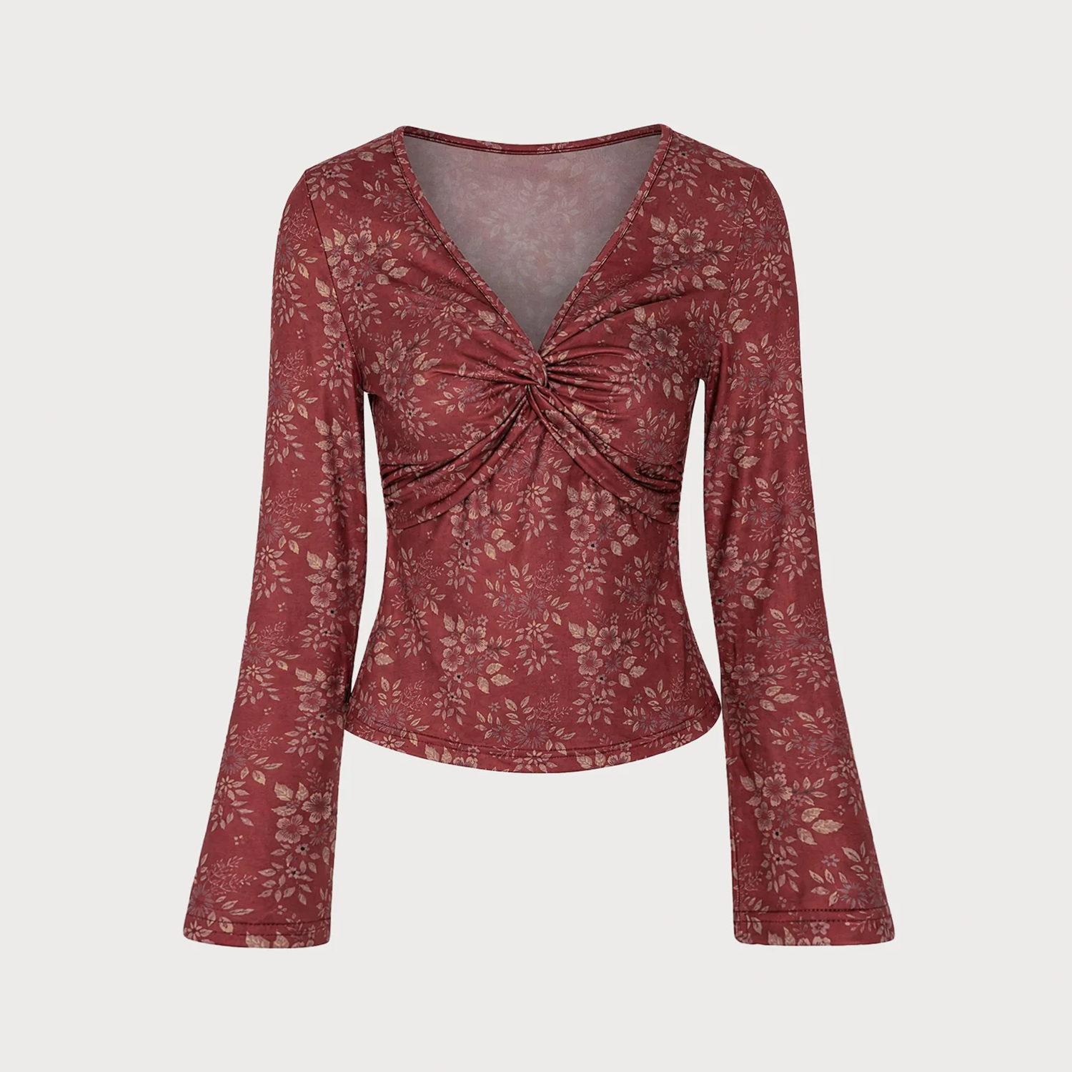 Floral Knit V‑Neck Twist‑Front Long Sleeve Slim Fit Top