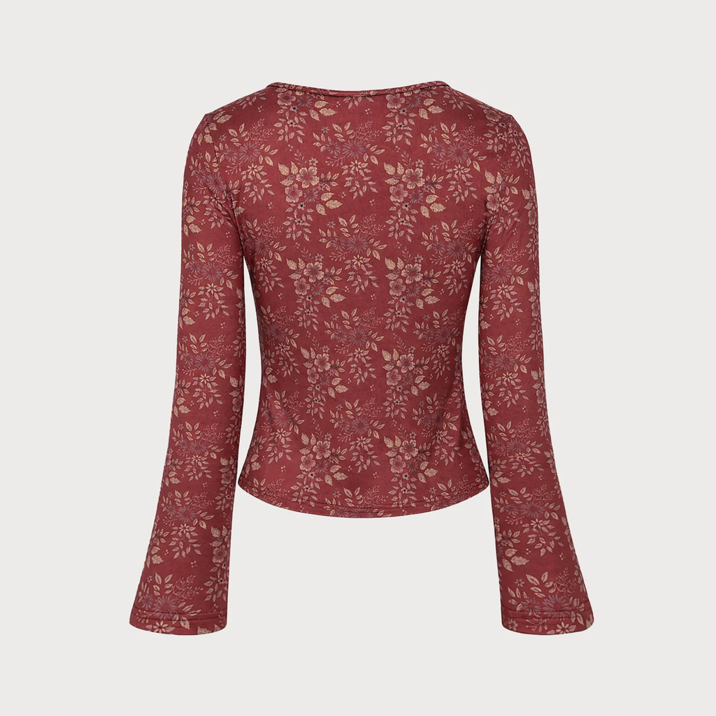 Floral Knit V‑Neck Twist‑Front Long Sleeve Slim Fit Top