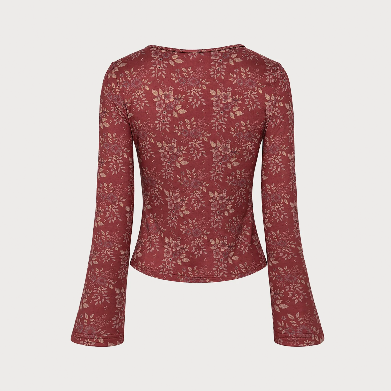 Floral Knit V‑Neck Twist‑Front Long Sleeve Slim Fit Top