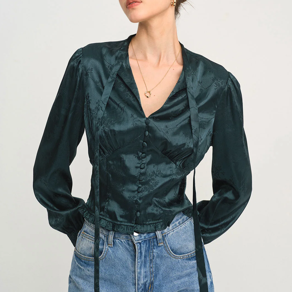 Jacquard Tie‑Neck V‑Neck Lantern Long Sleeve Slim Fit Blouse