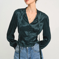 Jacquard Tie‑Neck V‑Neck Lantern Long Sleeve Slim Fit Blouse