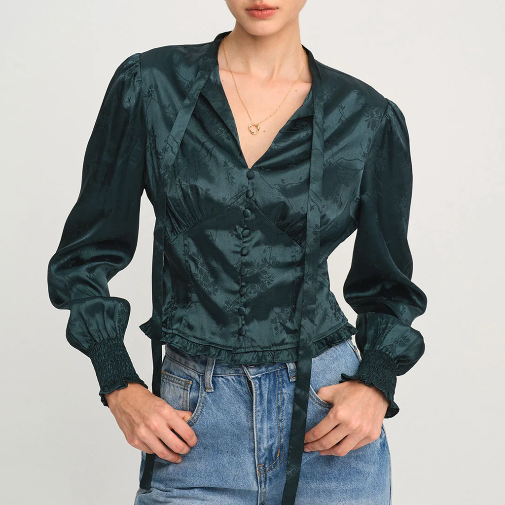 Jacquard Tie‑Neck V‑Neck Lantern Long Sleeve Slim Fit Blouse