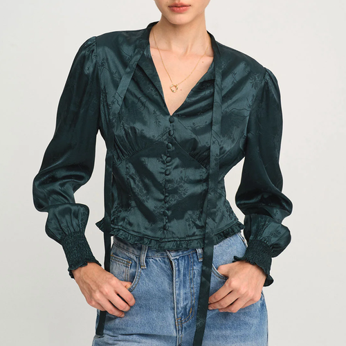 Jacquard Tie‑Neck V‑Neck Lantern Long Sleeve Slim Fit Blouse