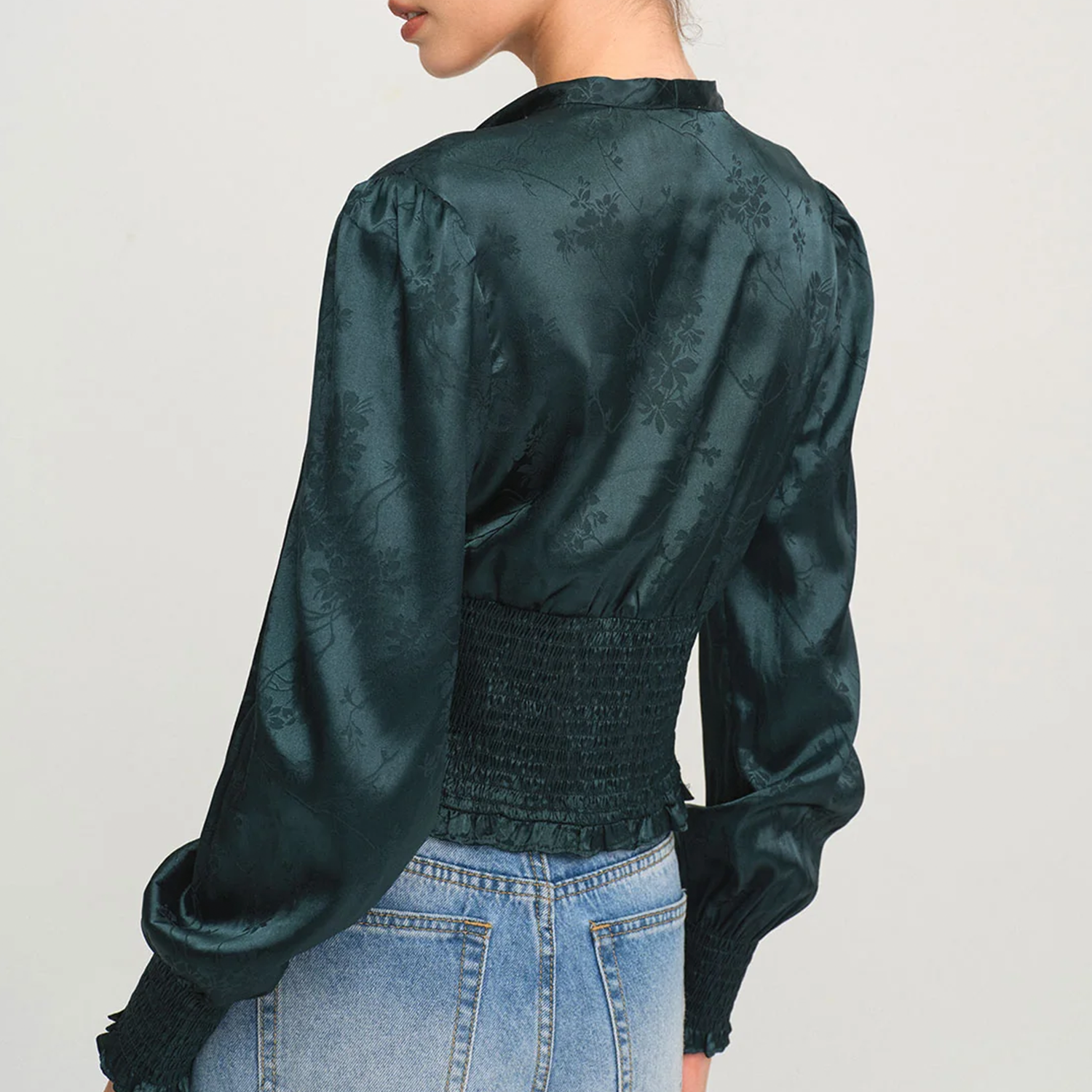 Jacquard Tie‑Neck V‑Neck Lantern Long Sleeve Slim Fit Blouse