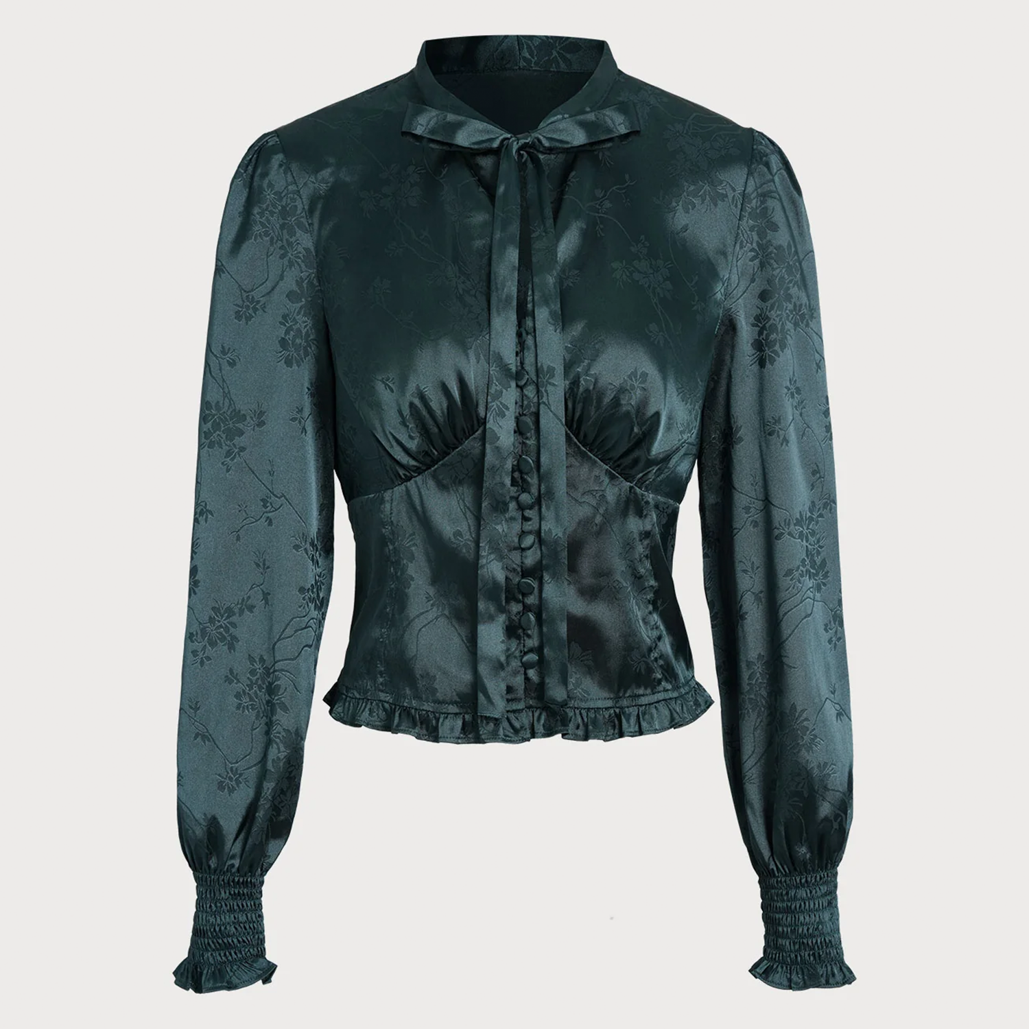 Jacquard Tie‑Neck V‑Neck Lantern Long Sleeve Slim Fit Blouse