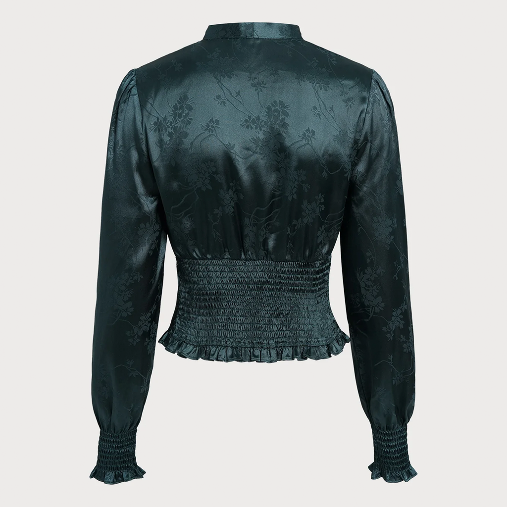 Jacquard Tie‑Neck V‑Neck Lantern Long Sleeve Slim Fit Blouse