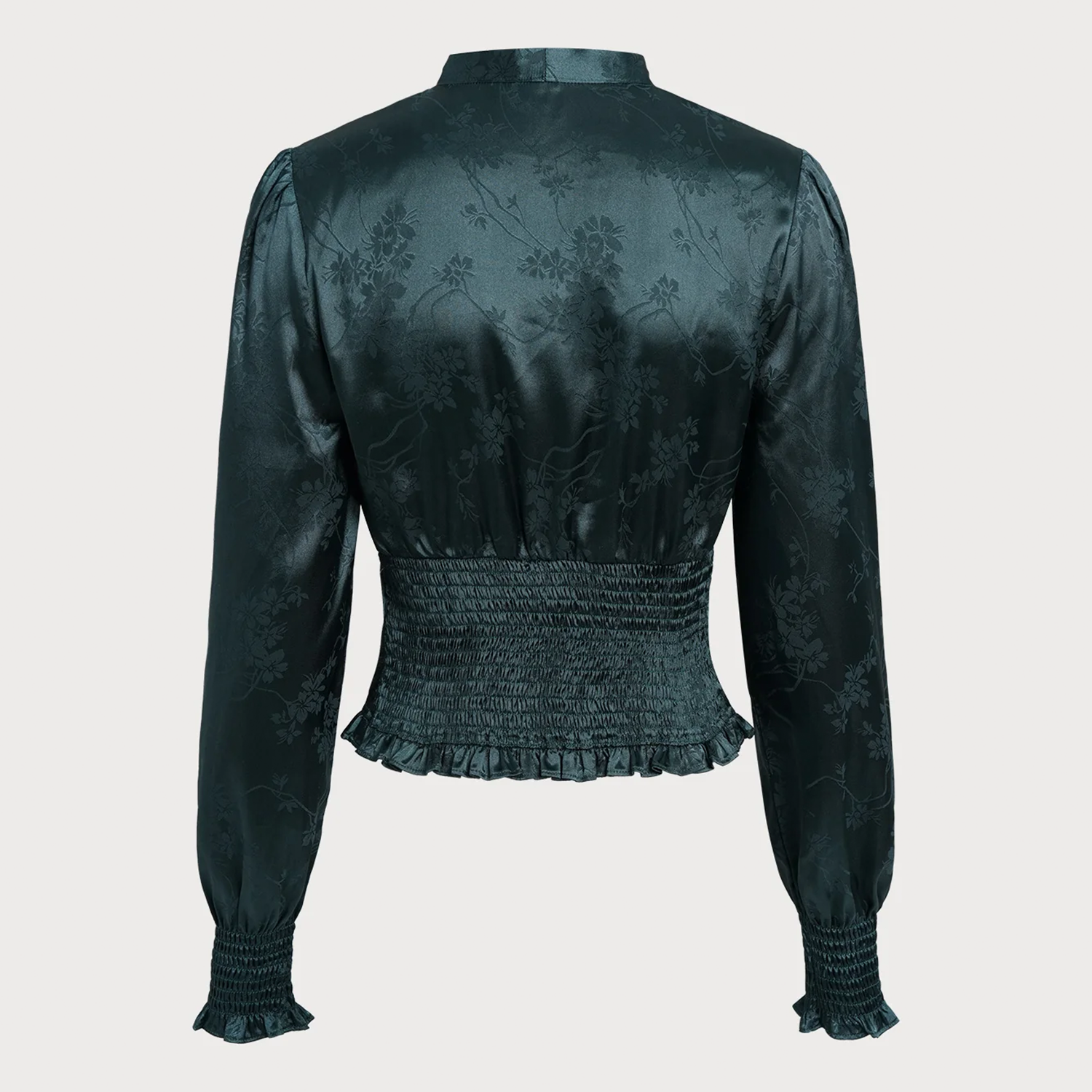 Jacquard Tie‑Neck V‑Neck Lantern Long Sleeve Slim Fit Blouse