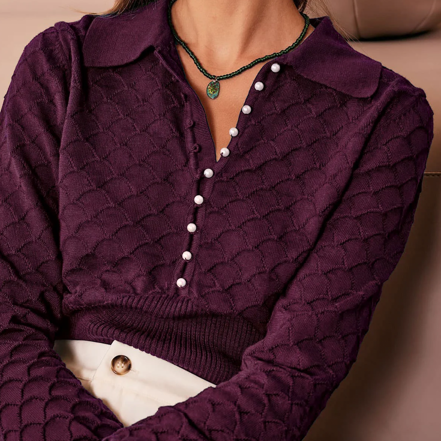 Retro Collared Jacquard Knit Top With Pearl Button Placket Long Sleeve