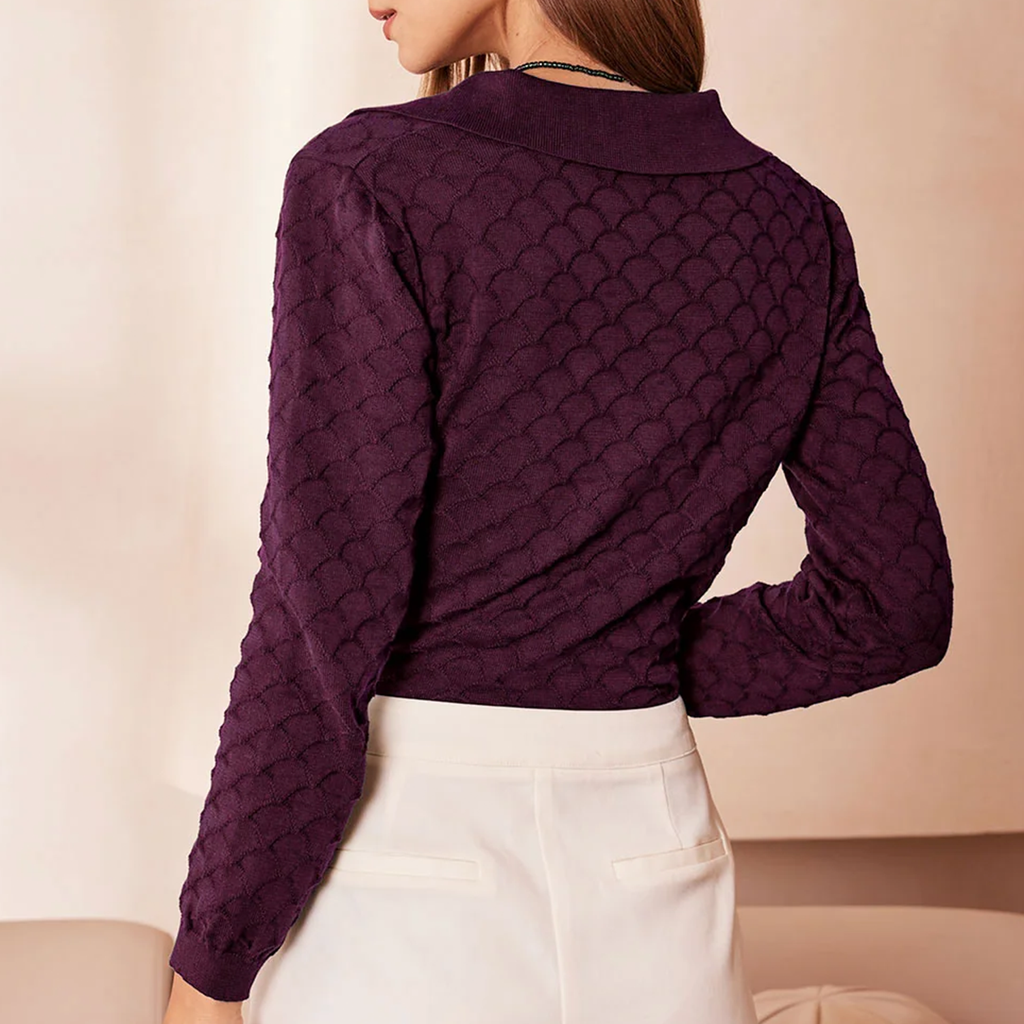 Retro Collared Jacquard Knit Top With Pearl Button Placket Long Sleeve