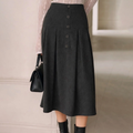Natural‑Waist Button‑Front A‑Line Midi Skirt With Ruching Detail