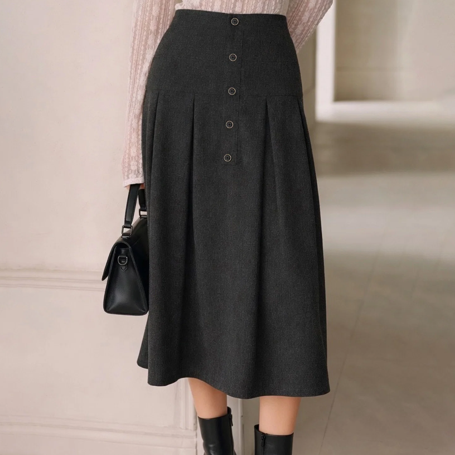 Natural‑Waist Button‑Front A‑Line Midi Skirt With Ruching Detail