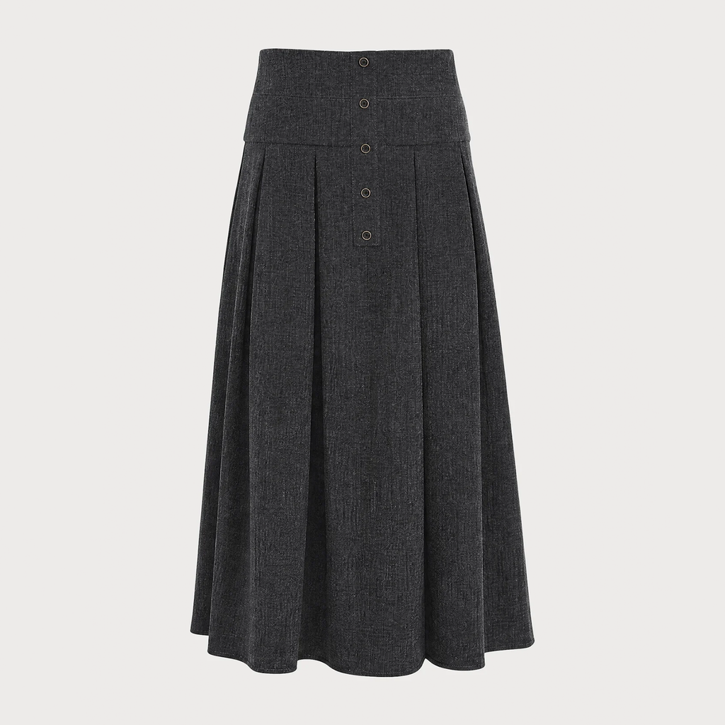 Natural‑Waist Button‑Front A‑Line Midi Skirt With Ruching Detail