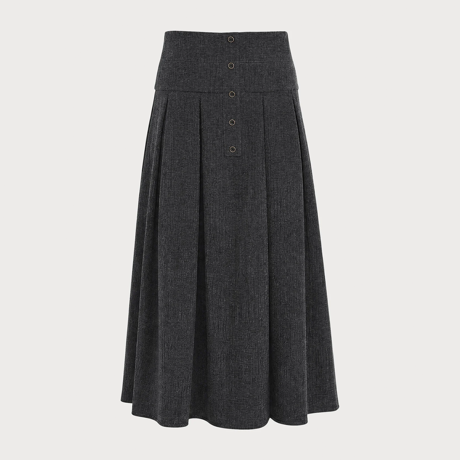 Natural‑Waist Button‑Front A‑Line Midi Skirt With Ruching Detail