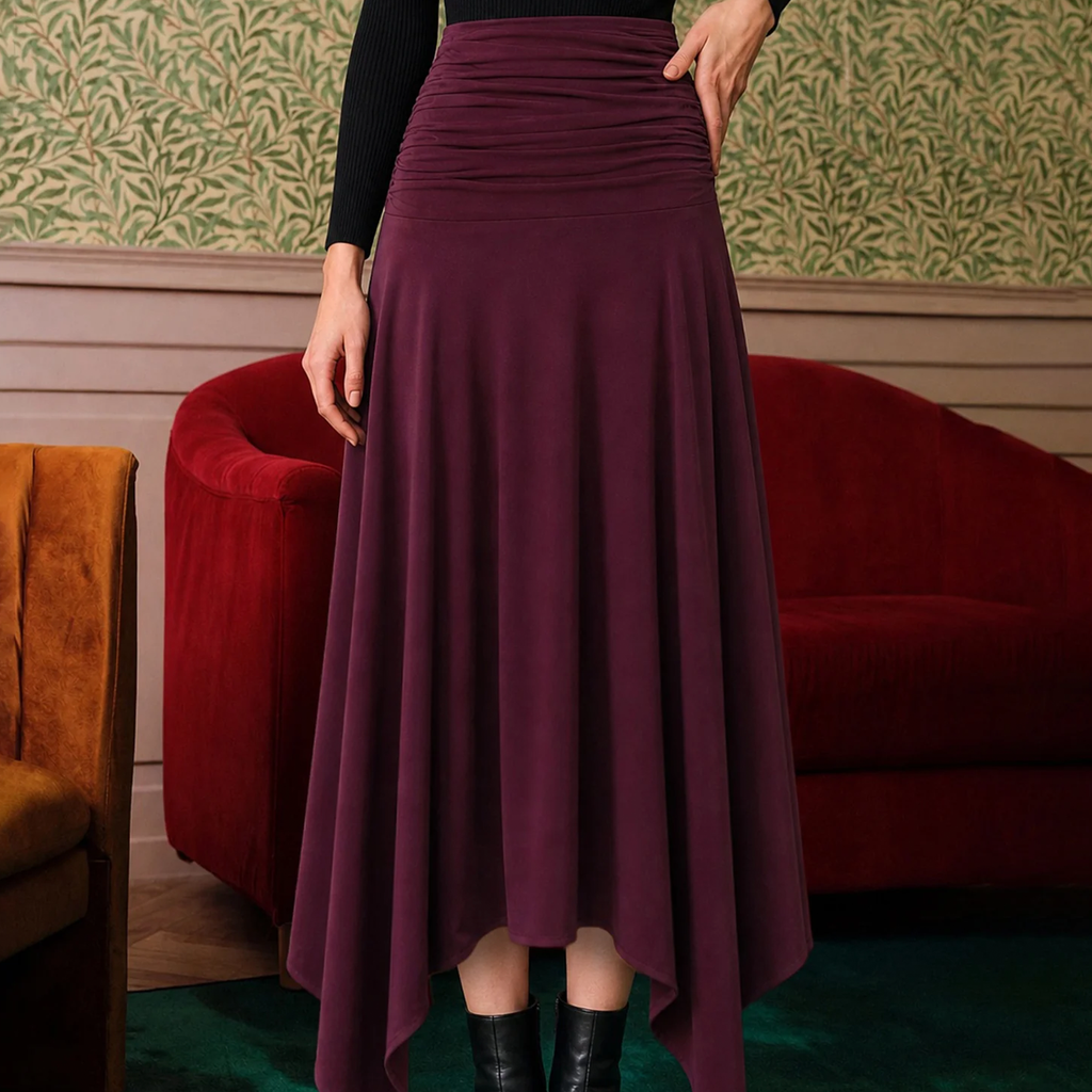 Ruched Elastic‑Waist Asymmetric Hem A‑Line Knit Maxi Skirt