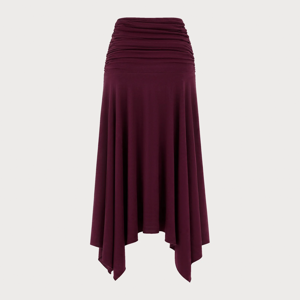 Ruched Elastic‑Waist Asymmetric Hem A‑Line Knit Maxi Skirt