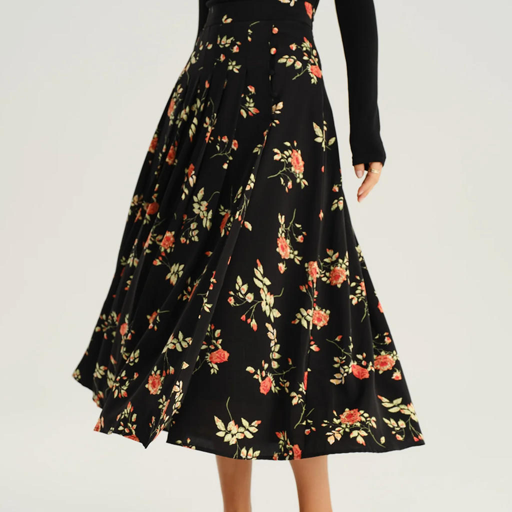 Retro Floral Button‑Front Slit Detail A‑Line Midi Skirt