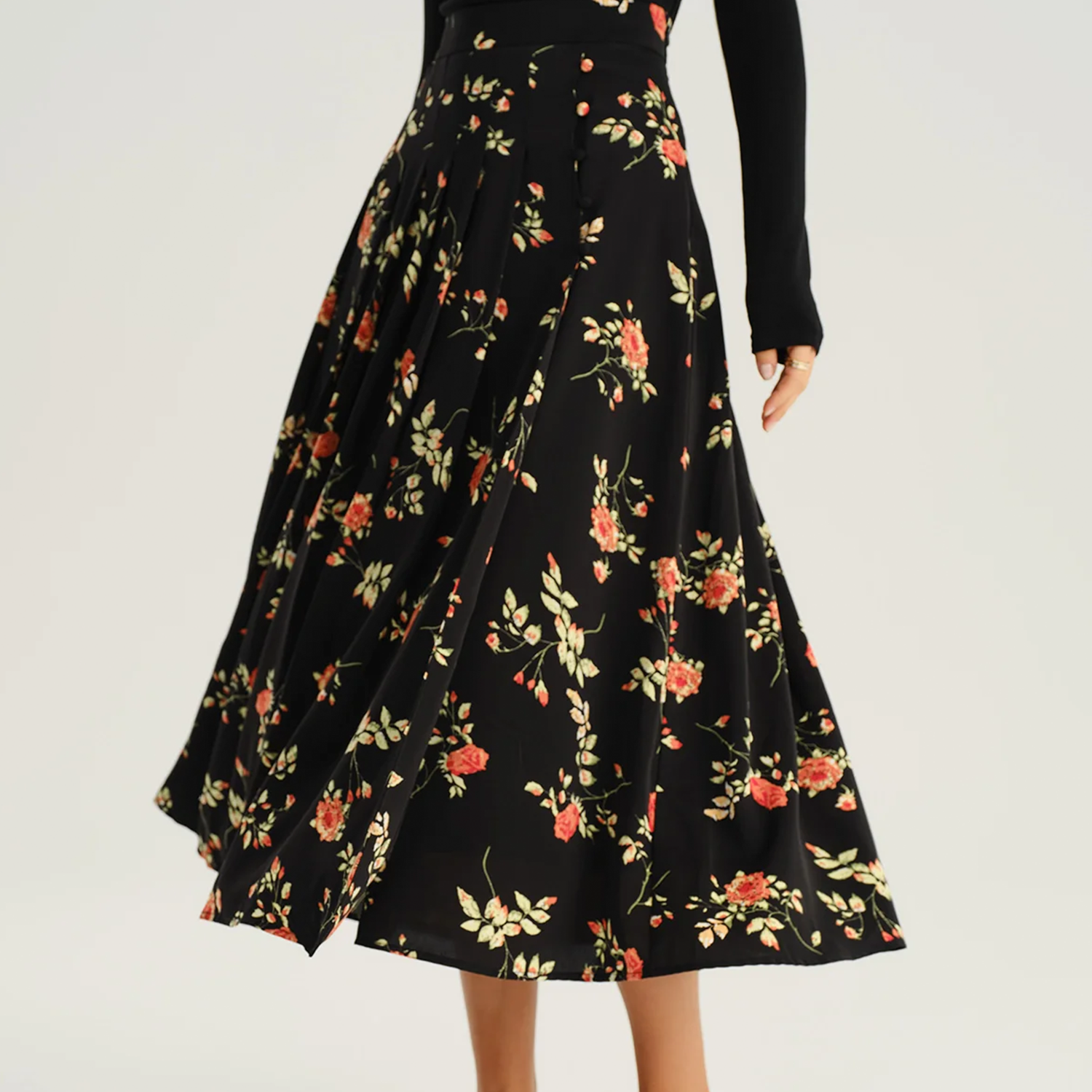 Retro Floral Button‑Front Slit Detail A‑Line Midi Skirt