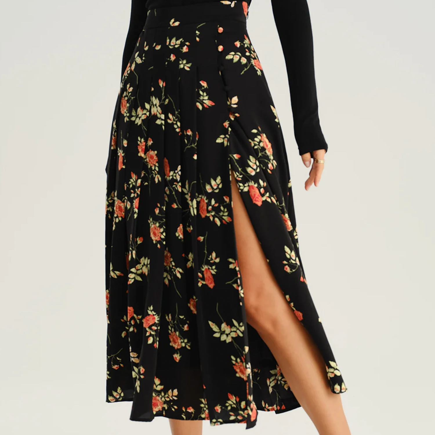 Retro Floral Button‑Front Slit Detail A‑Line Midi Skirt