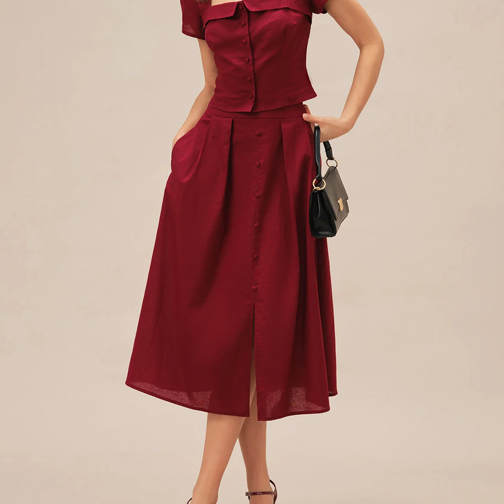 Elegant Ruched Button‑Front Slit A‑Line Midi Skirt