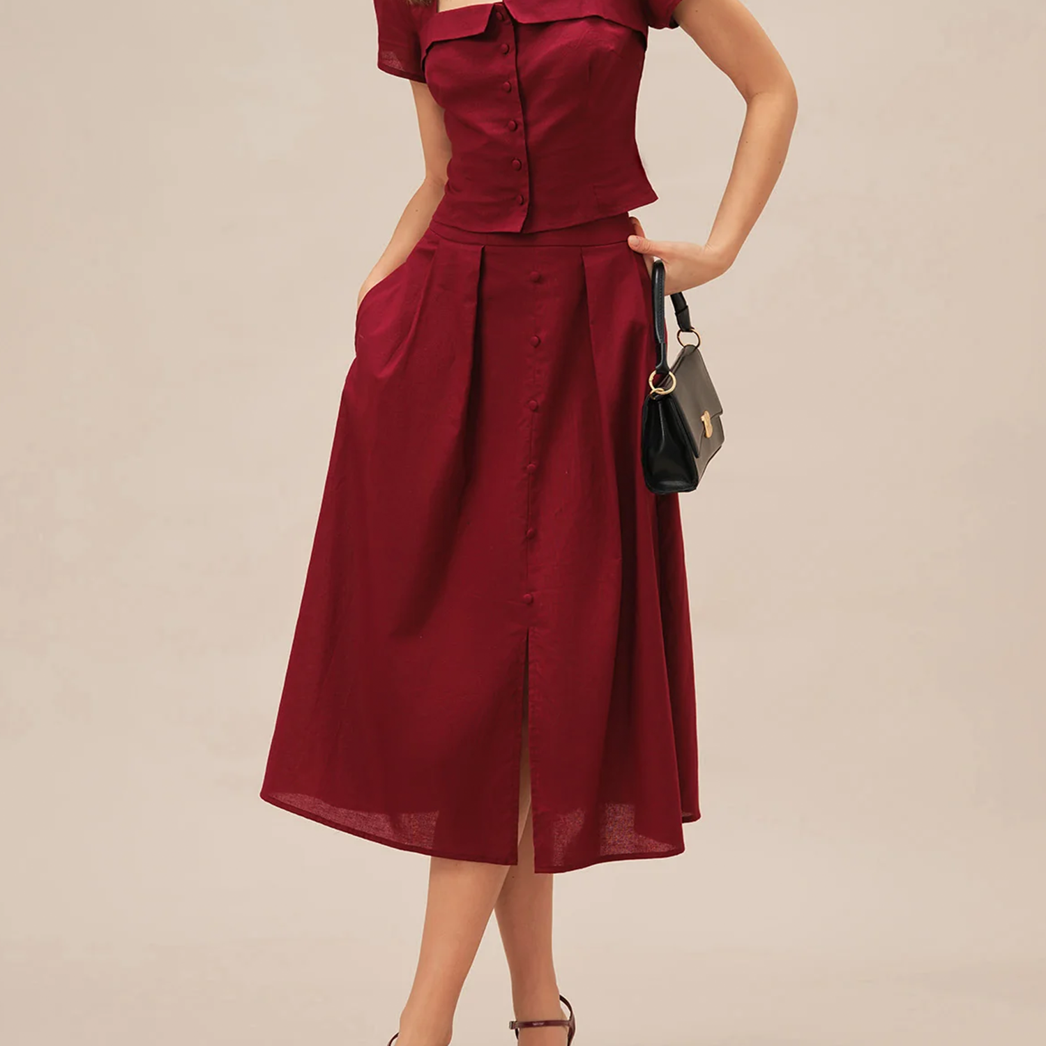 Elegant Ruched Button‑Front Slit A‑Line Midi Skirt