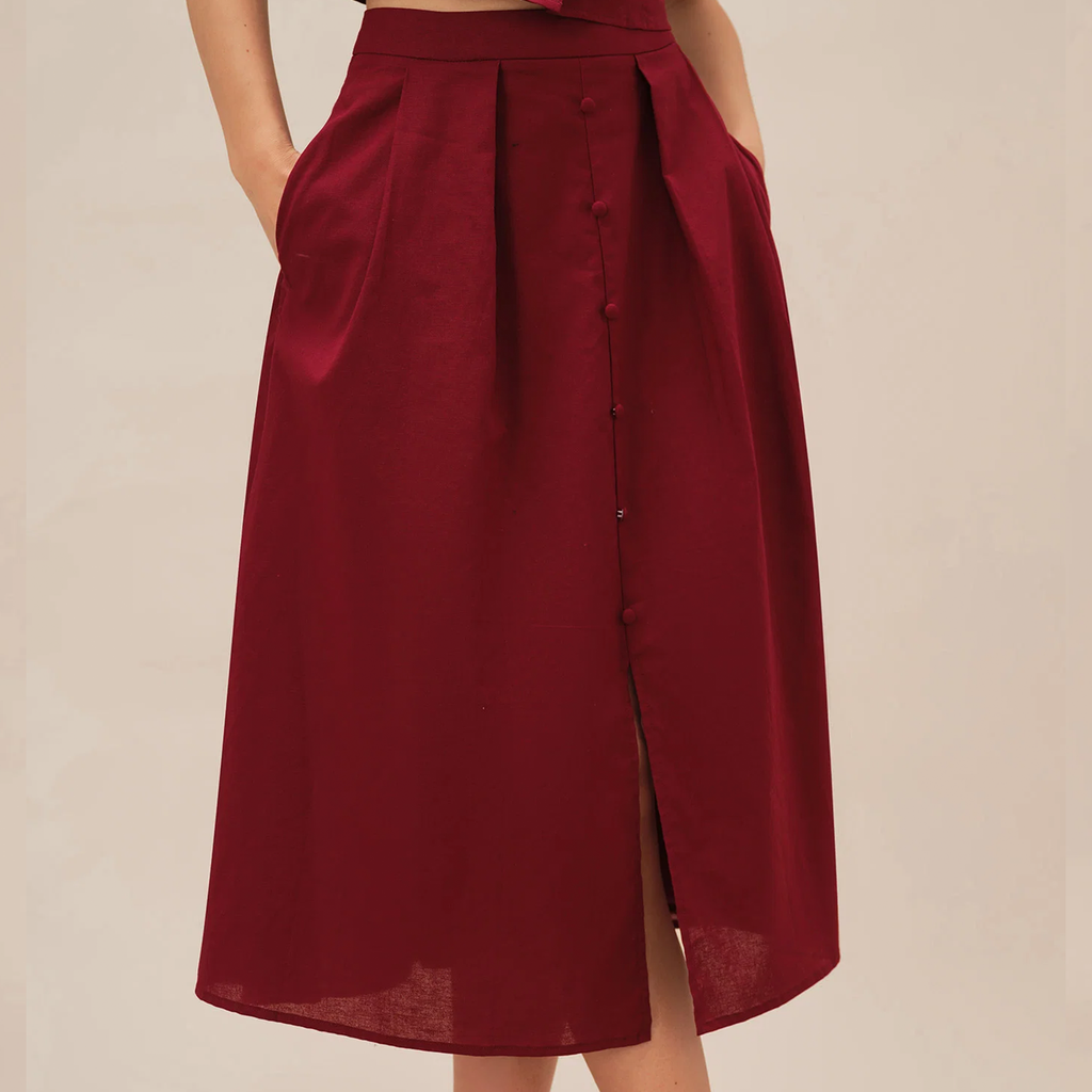 Elegant Ruched Button‑Front Slit A‑Line Midi Skirt