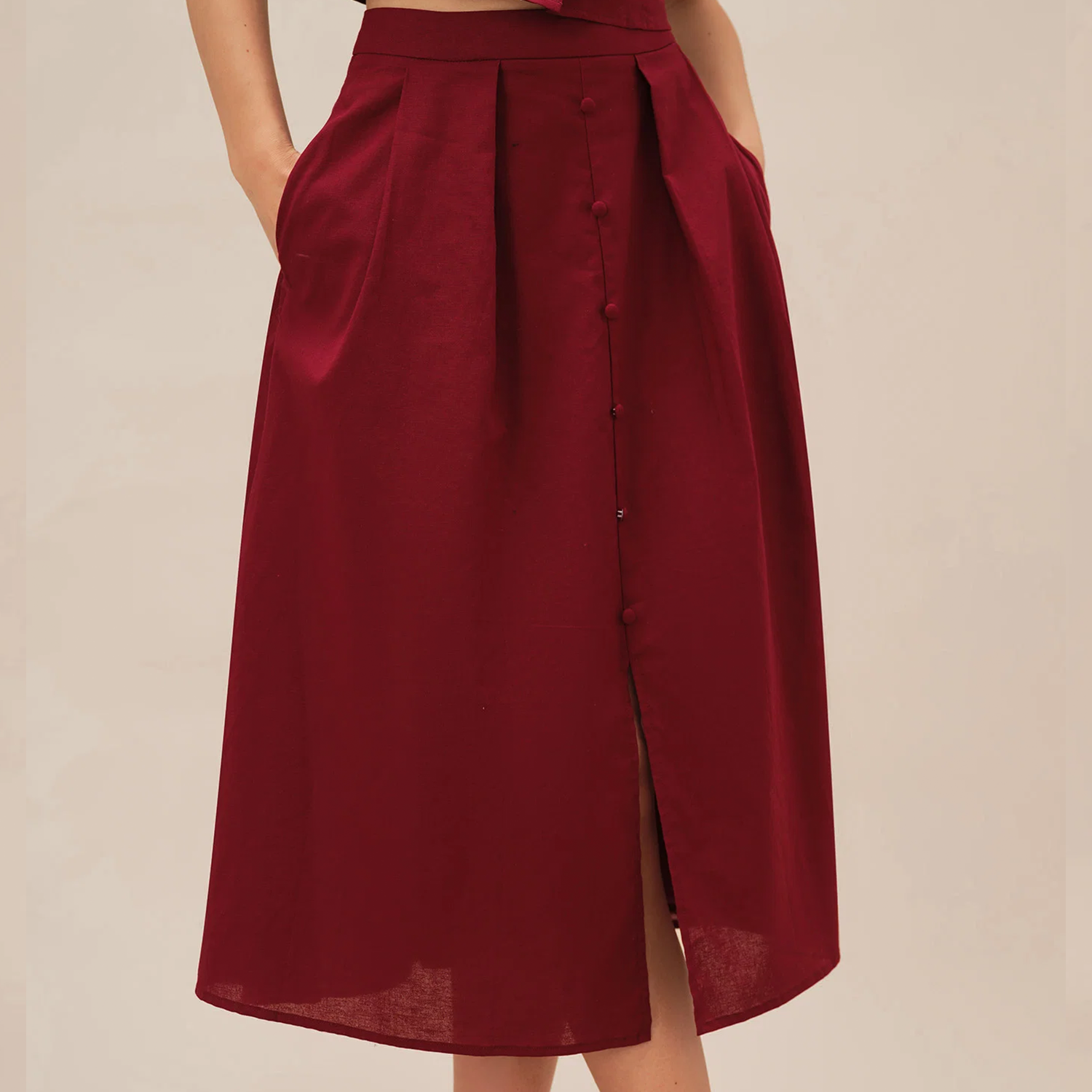 Elegant Ruched Button‑Front Slit A‑Line Midi Skirt