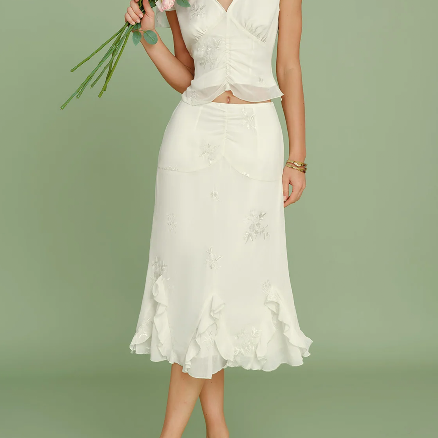 Elegant Embroidery Sequin Ruffle Trim A‑Line Chiffon Midi Skirt