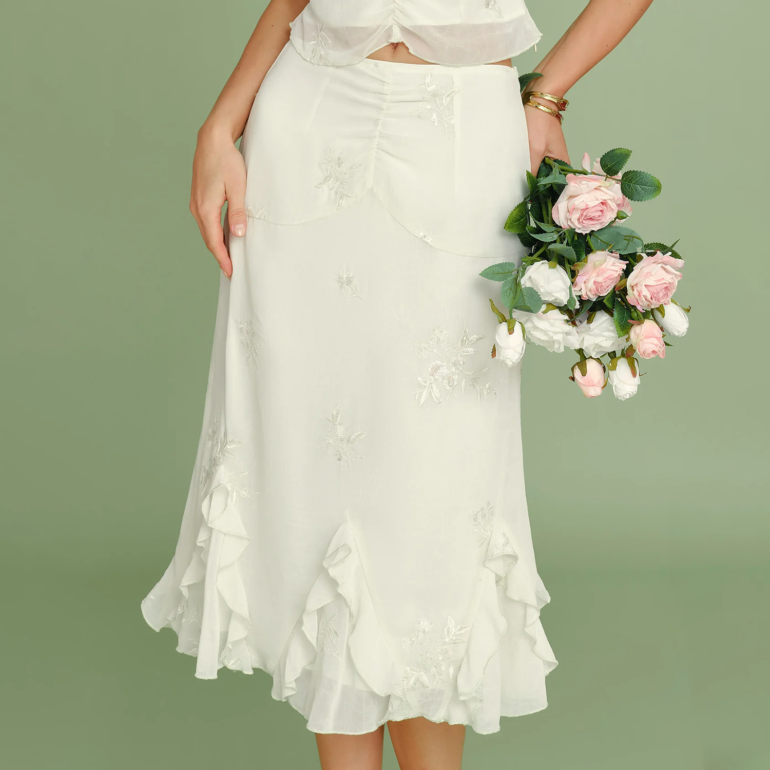 Elegant Embroidery Sequin Ruffle Trim A‑Line Chiffon Midi Skirt