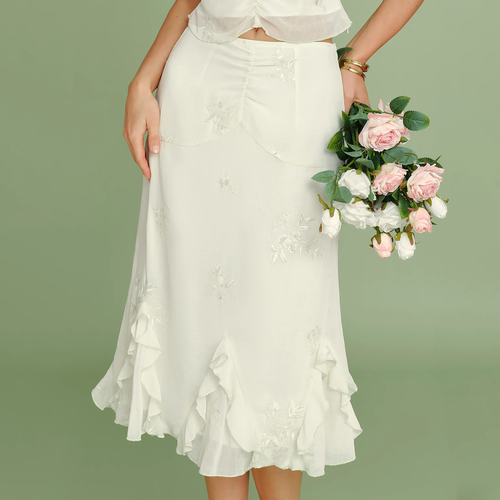 Elegant Embroidery Sequin Ruffle Trim A‑Line Chiffon Midi Skirt