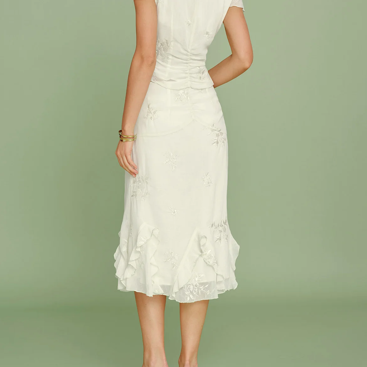 Elegant Embroidery Sequin Ruffle Trim A‑Line Chiffon Midi Skirt